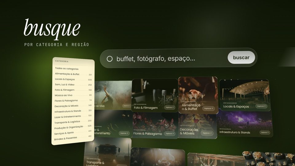 Busca em vidro e categorias reais da plataforma, texto busque
